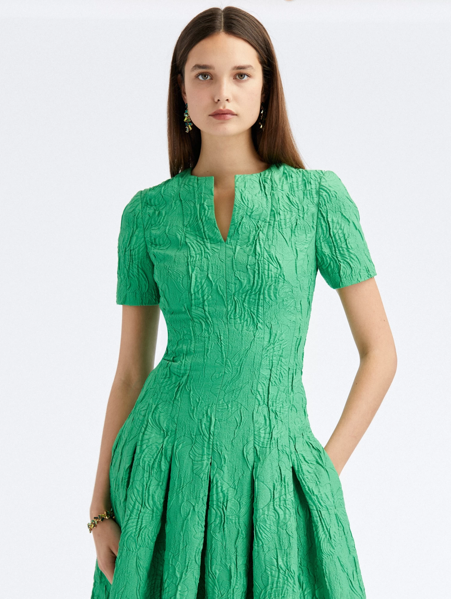 Split Neck Floral Cloque Faille Dress 3 Split Neck Floral Cloque Faille Dress - Image 3