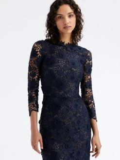 Water Lily Guipure Tea Length Dress -Odlr f23685 03 Z 23PN640WLG NAV 1920x2551 1