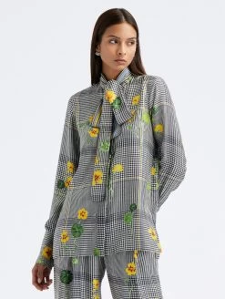 Nasturtium Plaid Tie Neck Blouse