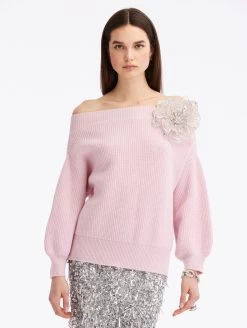 Off Shoulder Floral Appliqué Pullover