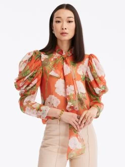 Draped Sleeve Geranium Chiffon Blouse